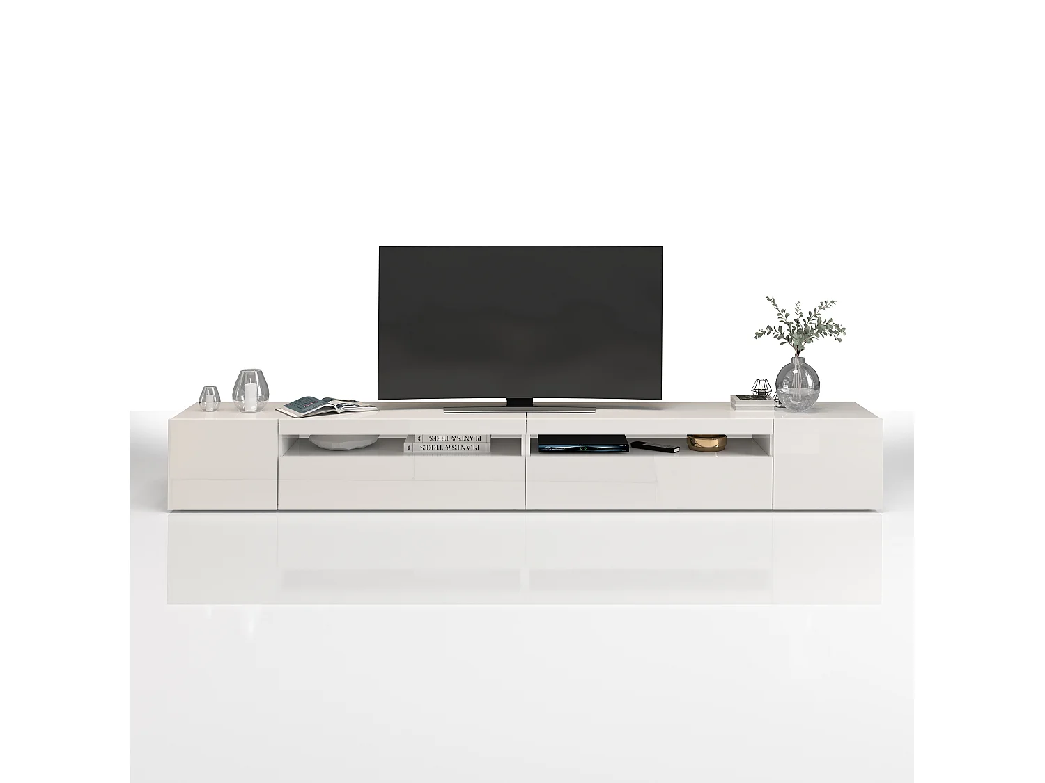 Mueble TV Potenza con 4 puertas y 2 compartimentos abiertos blanco brillo 260x40x36 cm
