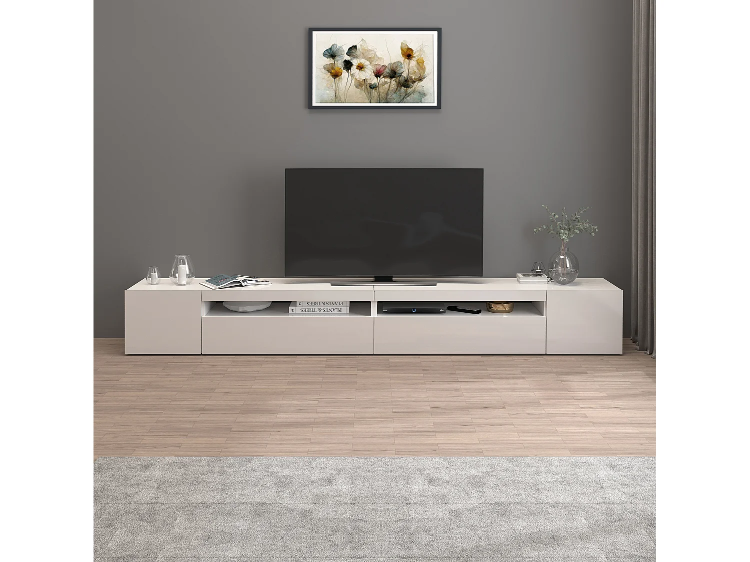 Mueble TV Potenza con 4 puertas y 2 compartimentos abiertos blanco brillo 260x40x36 cm