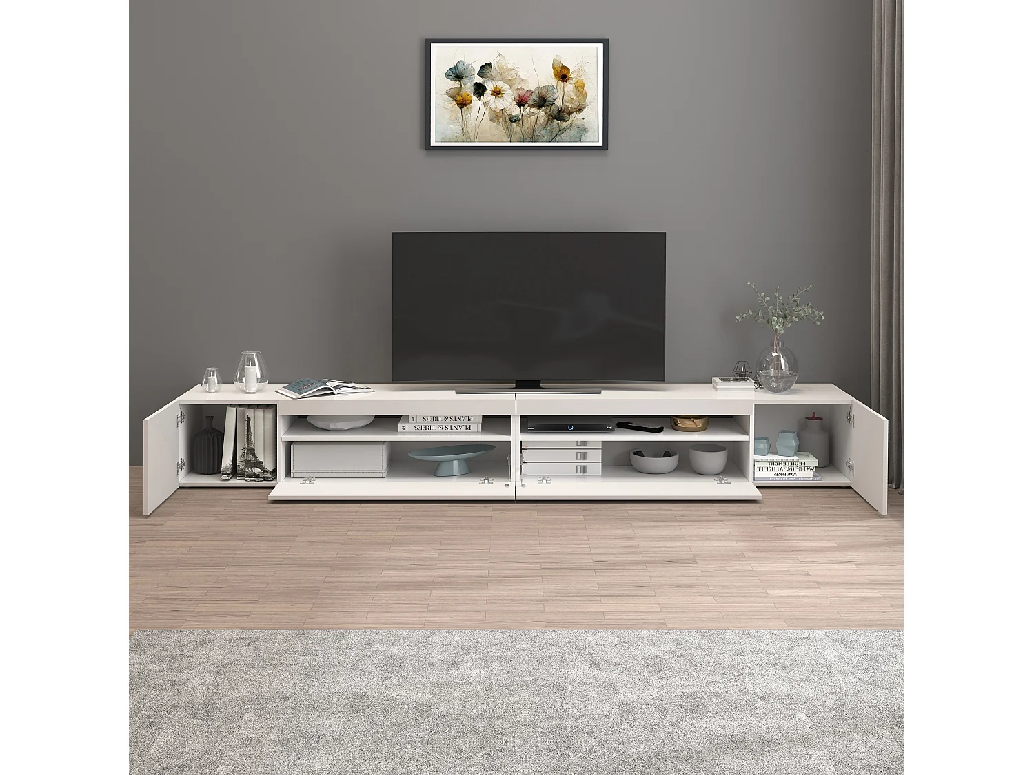 Mueble TV Potenza con 4 puertas y 2 compartimentos abiertos blanco brillo 260x40x36 cm