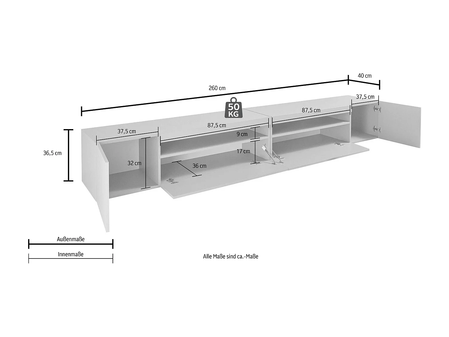Mueble TV Potenza con 4 puertas y 2 compartimentos abiertos blanco brillo 260x40x36 cm