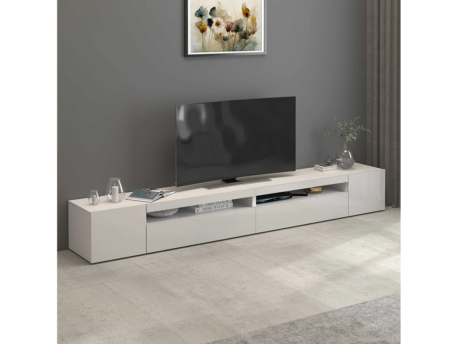 Mueble TV Potenza con 4 puertas y 2 compartimentos abiertos blanco brillo 260x40x36 cm