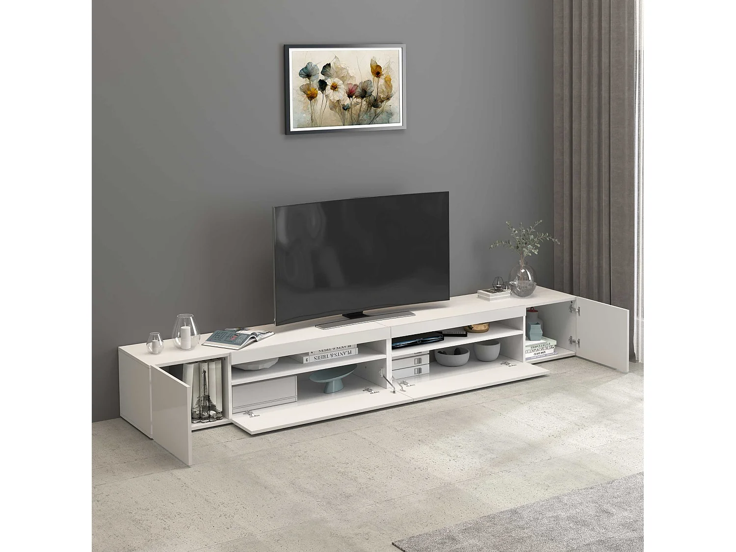 Mueble TV Potenza con 4 puertas y 2 compartimentos abiertos blanco brillo 260x40x36 cm