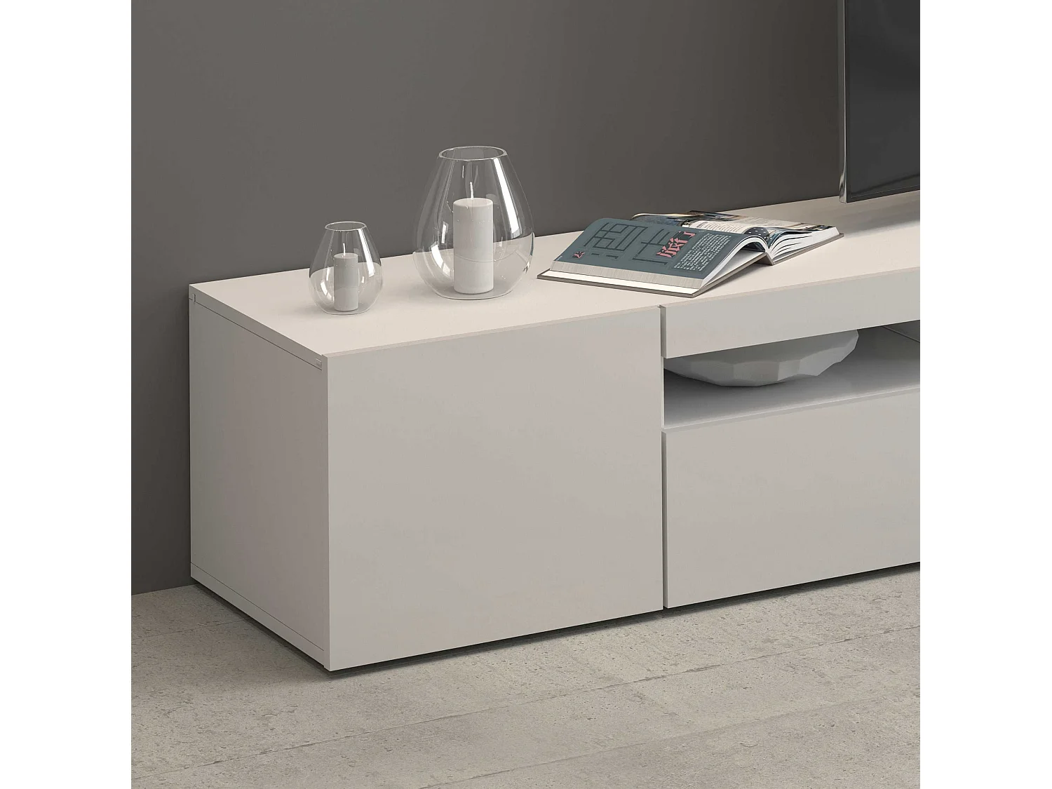 Mueble TV Potenza con 4 puertas y 2 compartimentos abiertos blanco brillo 260x40x36 cm