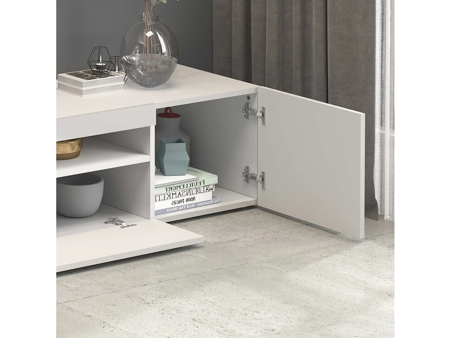 Mueble TV Potenza con 4 puertas y 2 compartimentos abiertos blanco brillo 260x40x36 cm