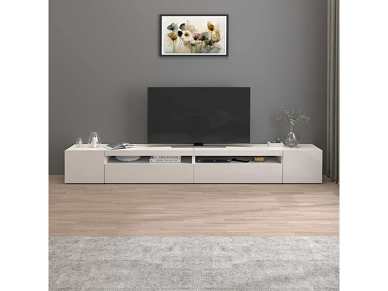 Mobile porta tv Potenza con 4 ante e 2 vani aperti bianco lucido 260x40x36 cm