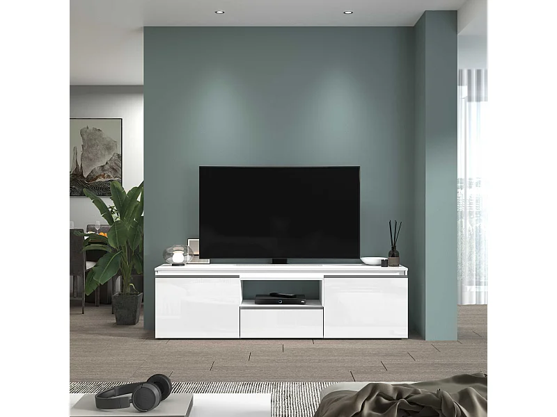 Mobile porta tv Magic a 2 ante e 1 cassetto bianco lucido 180x40x50 cm