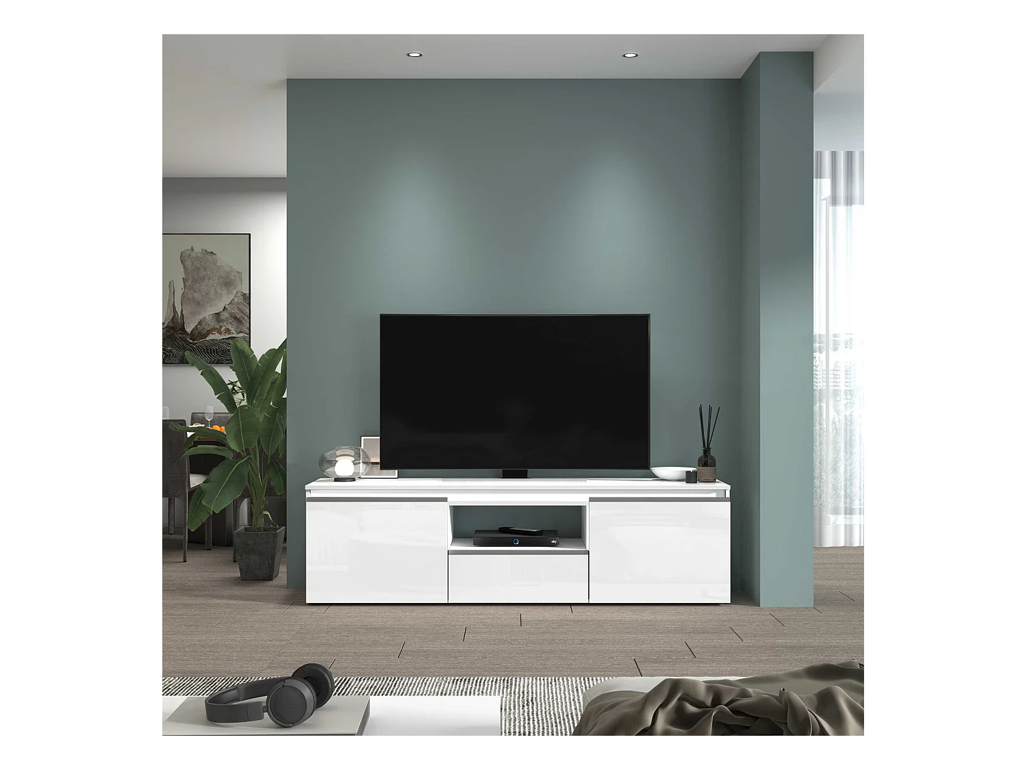 Mobile porta tv Magic a 2 ante e 1 cassetto bianco lucido 180x40x50 cm