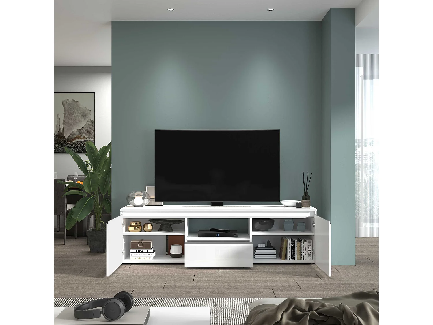 Mobile porta tv Magic a 2 ante e 1 cassetto bianco lucido 180x40x50 cm