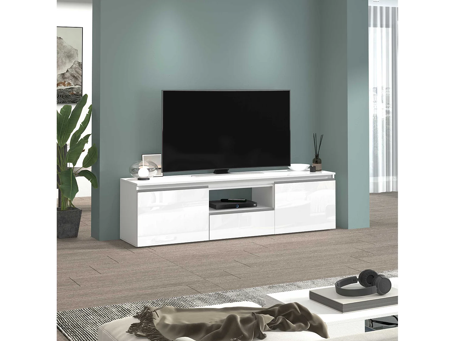 Mobile porta tv Magic a 2 ante e 1 cassetto bianco lucido 180x40x50 cm