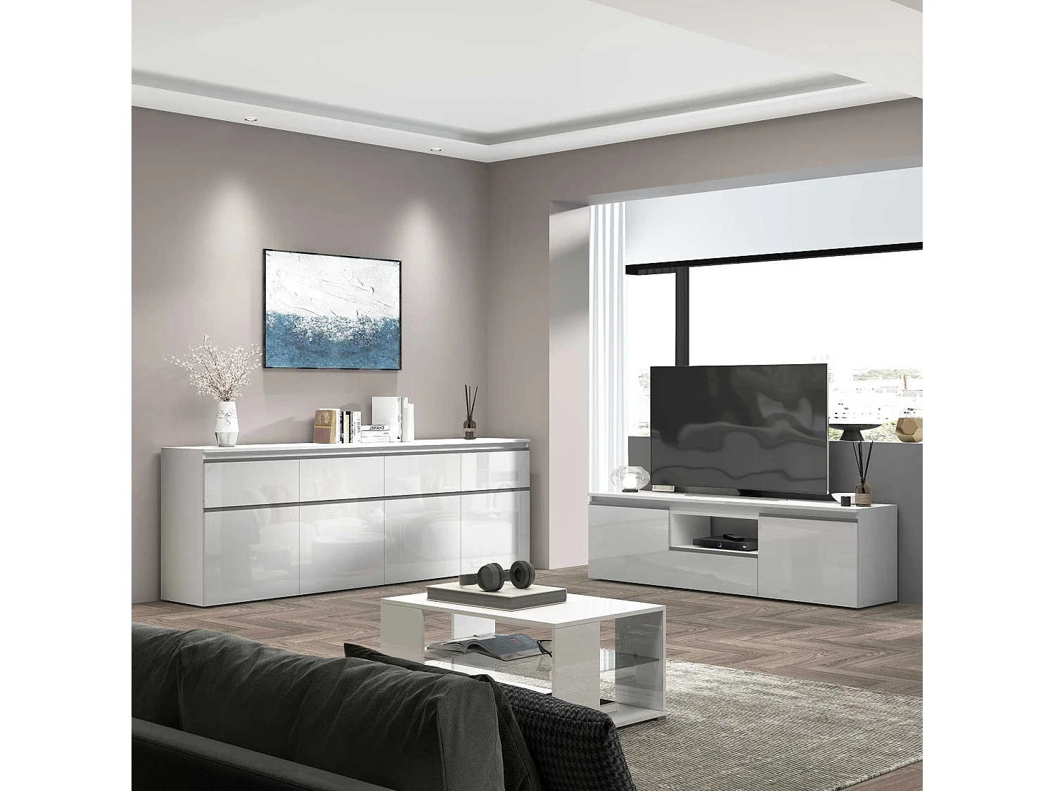 Mobile porta tv Magic a 2 ante e 1 cassetto bianco lucido 180x40x50 cm
