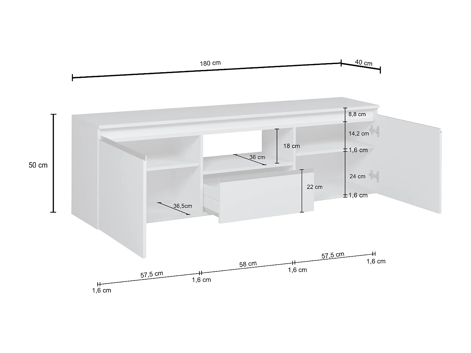 Mobile porta tv Magic a 2 ante e 1 cassetto bianco lucido 180x40x50 cm