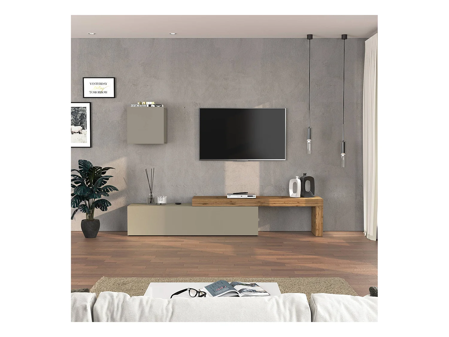Parete attrezzata Chronos set soggiorno tortora opaco e rovere 190/350x40 cm