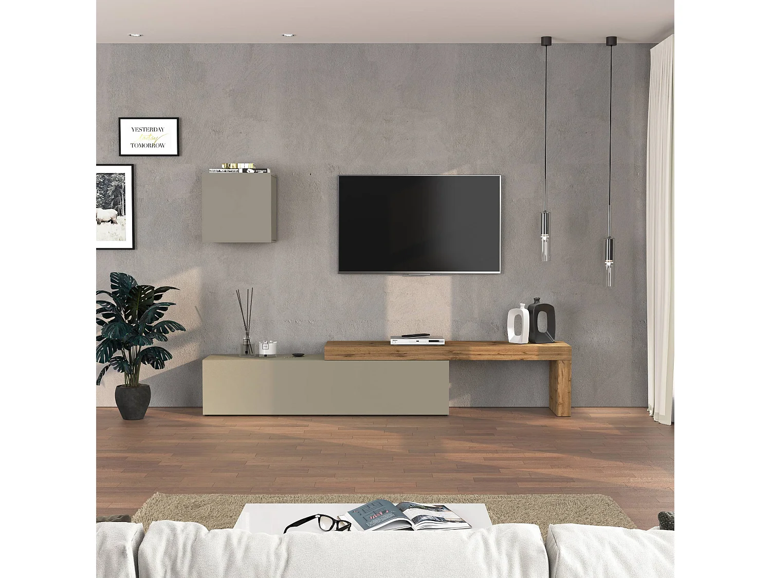 Parete attrezzata Chronos set soggiorno tortora opaco e rovere 190/350x40 cm