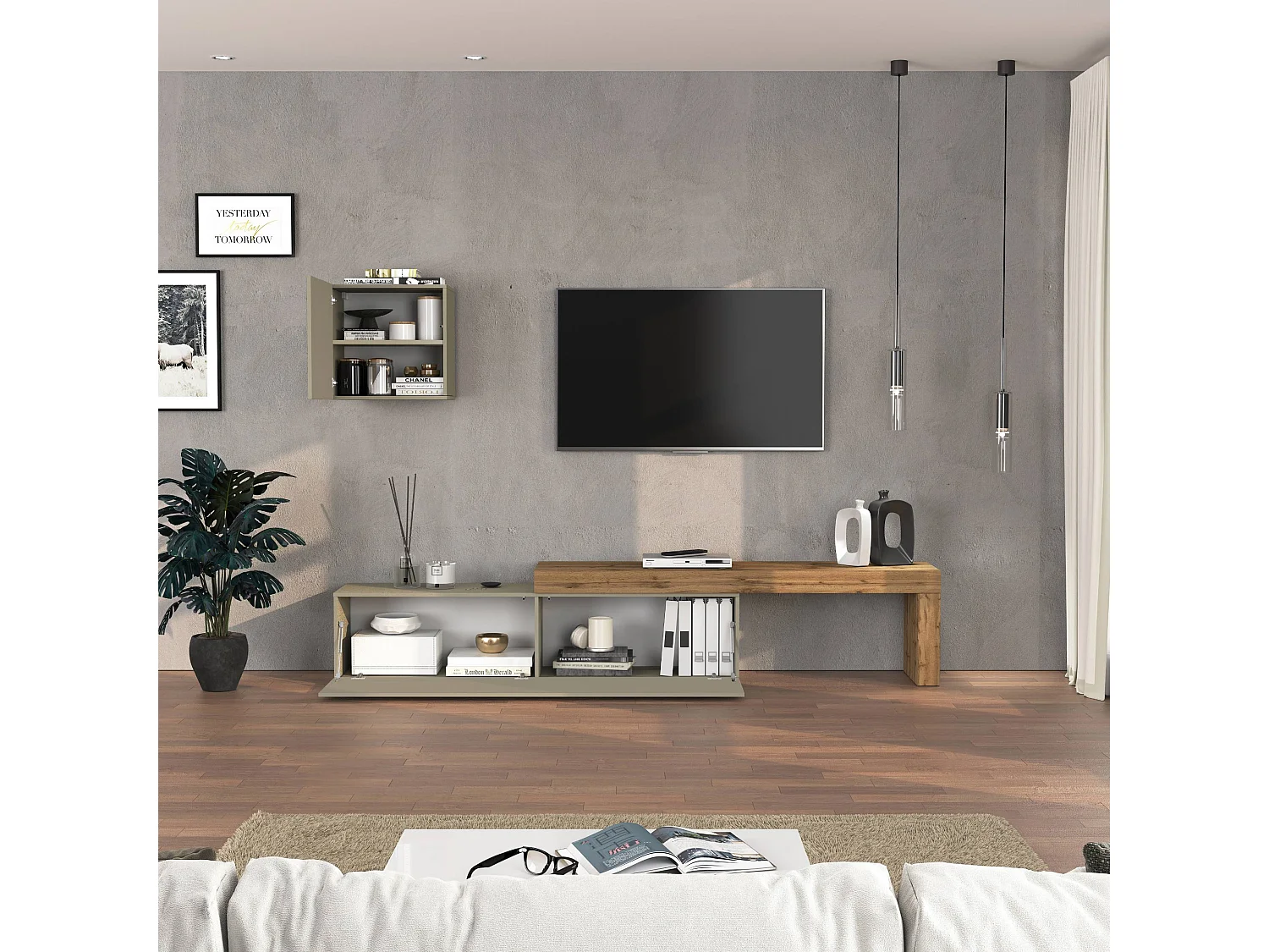 Parete attrezzata Chronos set soggiorno tortora opaco e rovere 190/350x40 cm