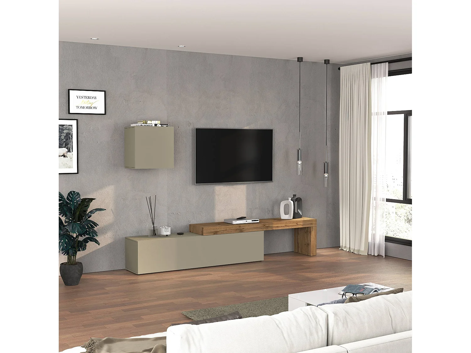 Parete attrezzata Chronos set soggiorno tortora opaco e rovere 190/350x40 cm