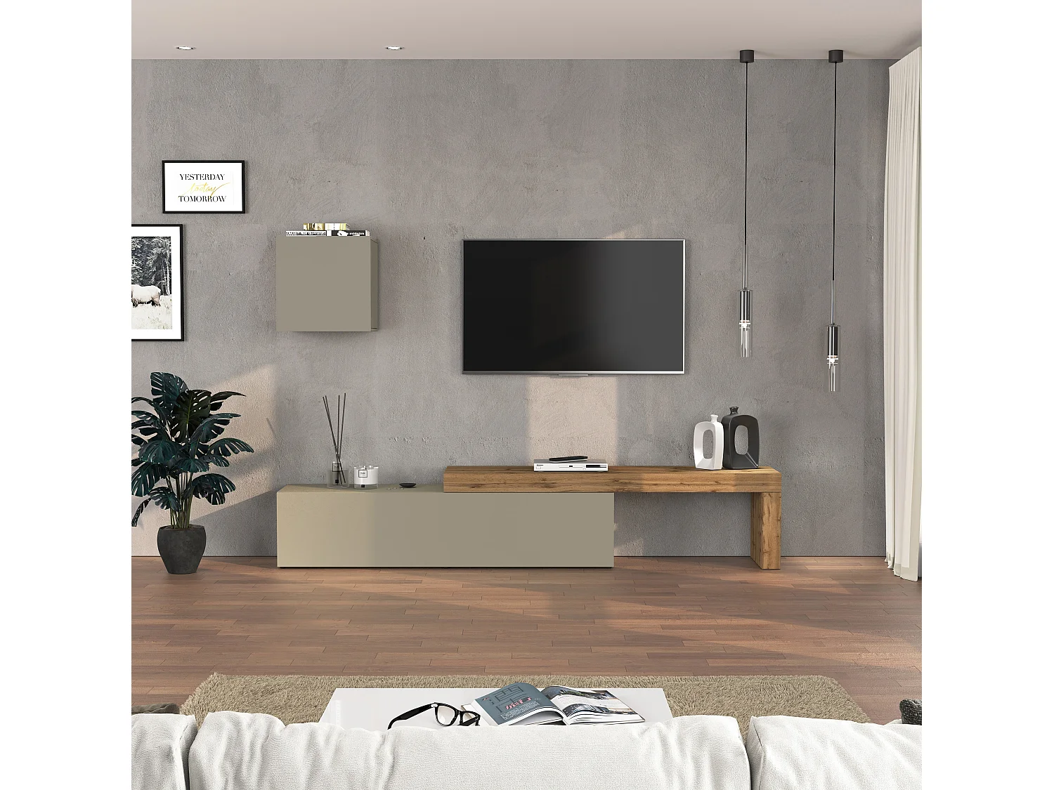 Parete attrezzata Chronos set soggiorno tortora opaco e rovere 190/350x40 cm