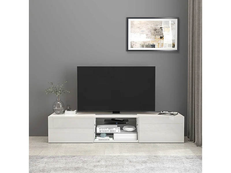 Mobile porta tv Egypt a 2 ante e 2 ripiani in vetro bianco lucido 180x38x35 cm