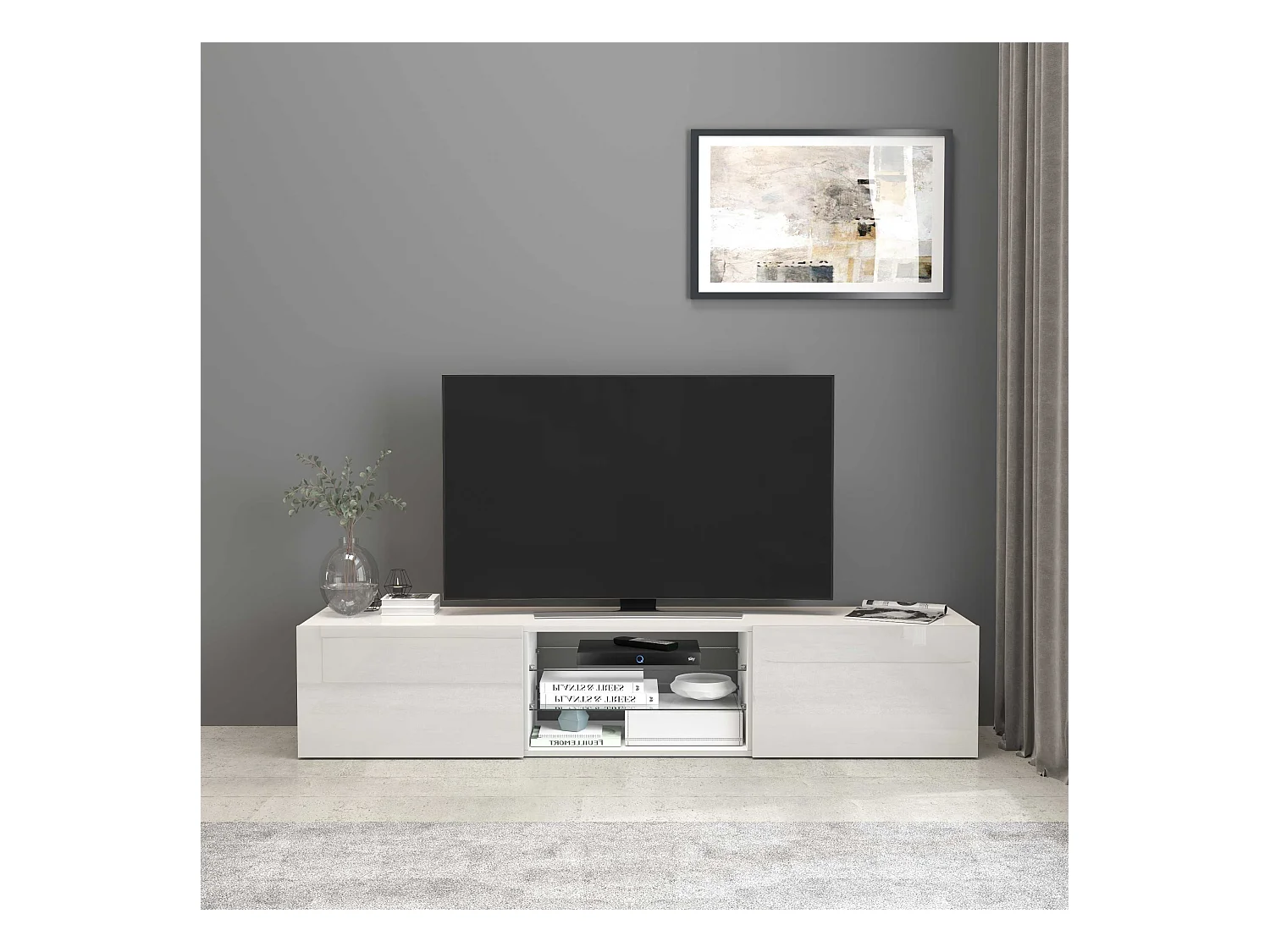 Mobile porta tv Egypt a 2 ante e 2 ripiani in vetro bianco lucido 180x38x35 cm