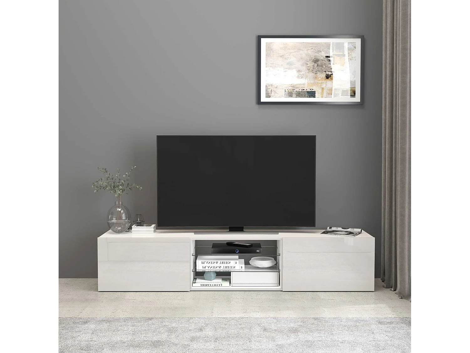 Mobile porta tv Egypt a 2 ante e 2 ripiani in vetro bianco lucido 180x38x35 cm