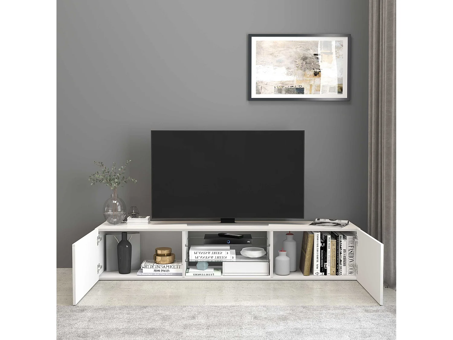 Mobile porta tv Egypt a 2 ante e 2 ripiani in vetro bianco lucido 180x38x35 cm