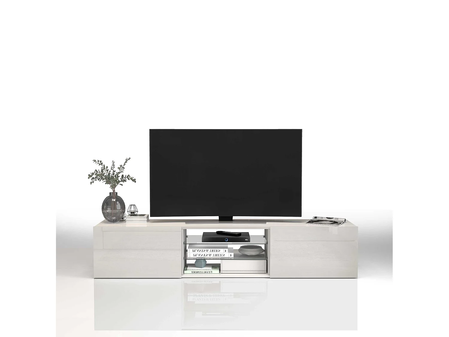 Mobile porta tv Egypt a 2 ante e 2 ripiani in vetro bianco lucido 180x38x35 cm