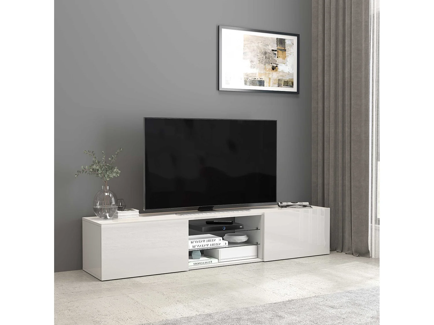 Mobile porta tv Egypt a 2 ante e 2 ripiani in vetro bianco lucido 180x38x35 cm