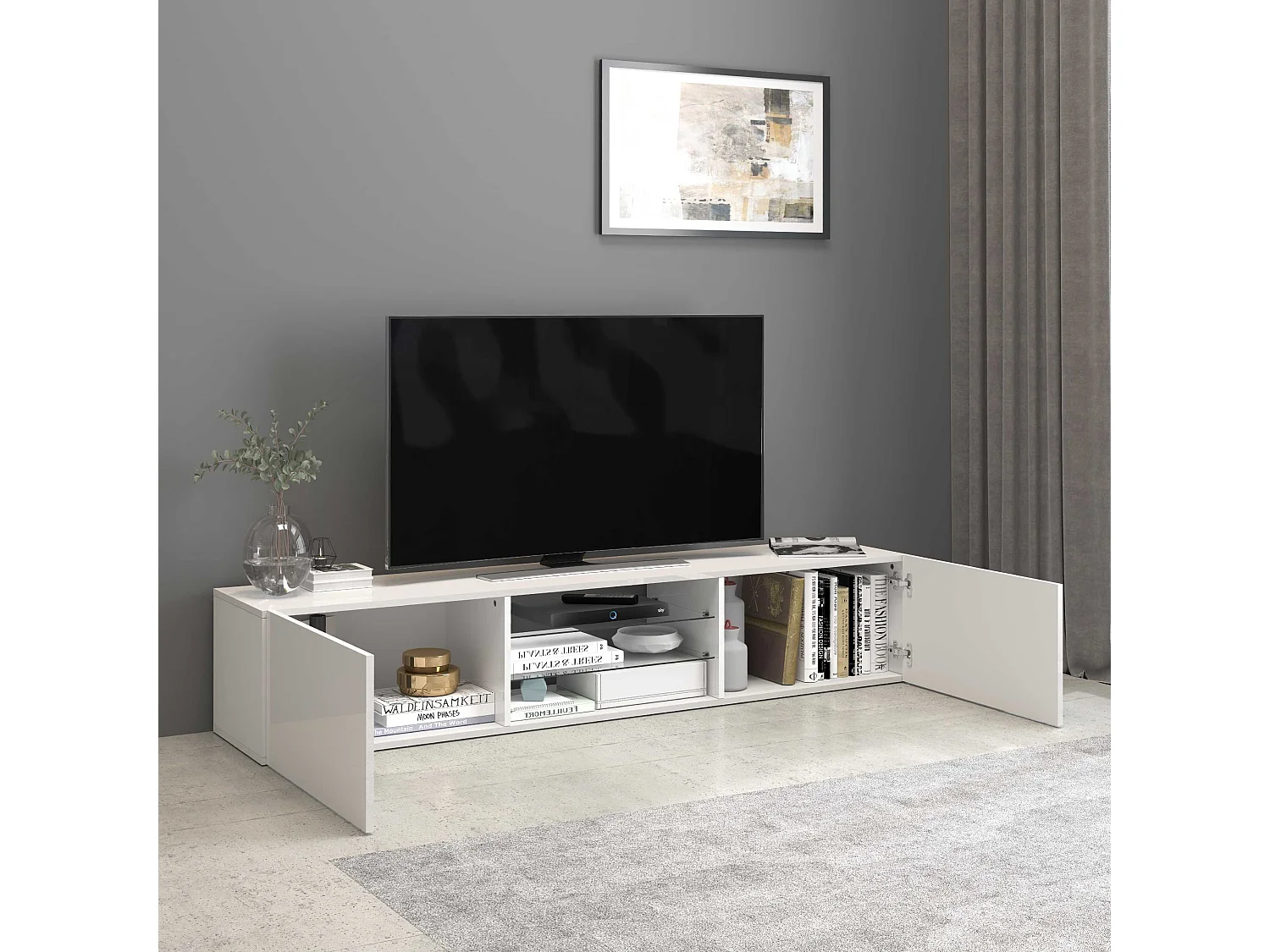 Mobile porta tv Egypt a 2 ante e 2 ripiani in vetro bianco lucido 180x38x35 cm