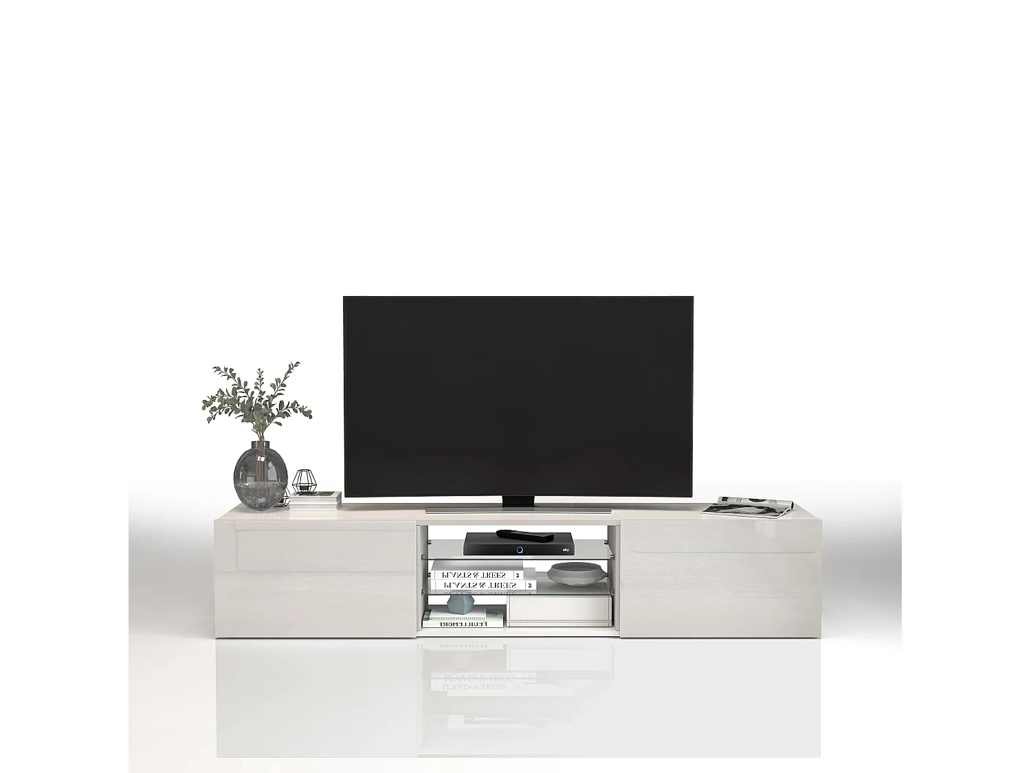 Mobile porta tv Egypt a 2 ante e 2 ripiani in vetro bianco lucido 180x38x35 cm