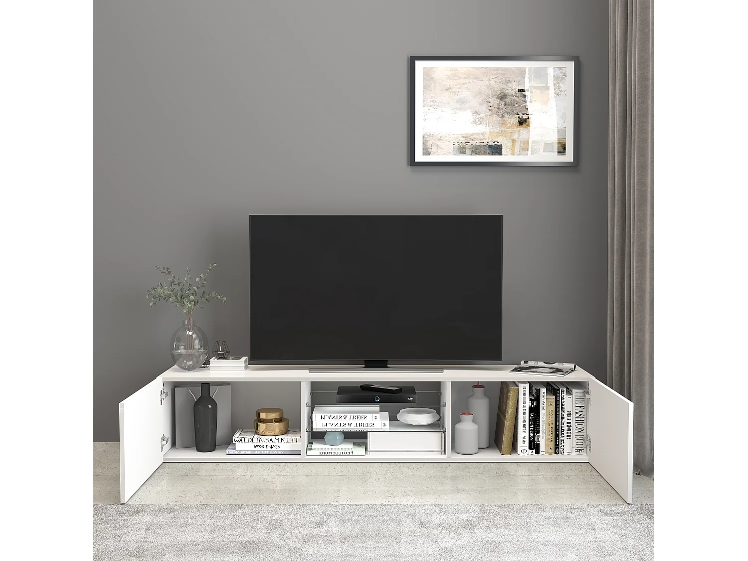 Mobile porta tv Egypt a 2 ante e 2 ripiani in vetro bianco lucido 180x38x35 cm