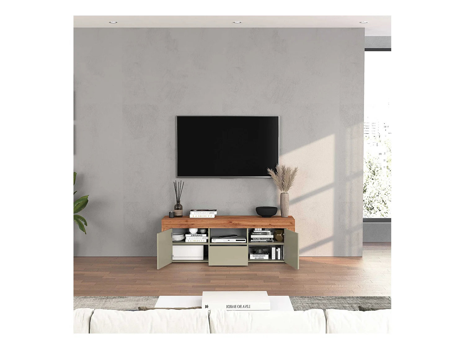 Mobile porta tv Chronos a 2 ante e 1 cassetto tortora opaco e rovere 155x40x51 cm