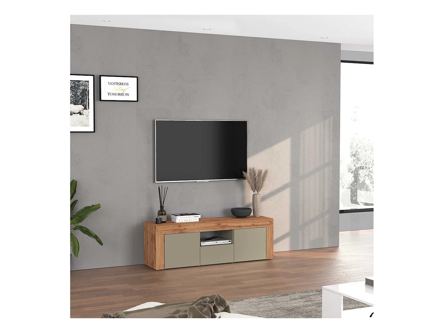 Mobile porta tv Chronos a 2 ante e 1 cassetto tortora opaco e rovere 155x40x51 cm