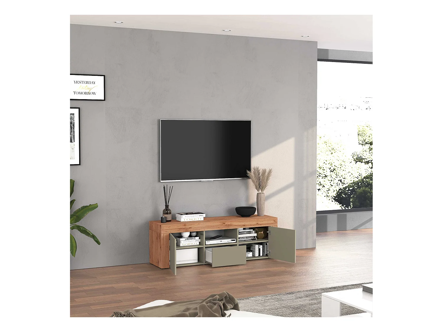 Mobile porta tv Chronos a 2 ante e 1 cassetto tortora opaco e rovere 155x40x51 cm