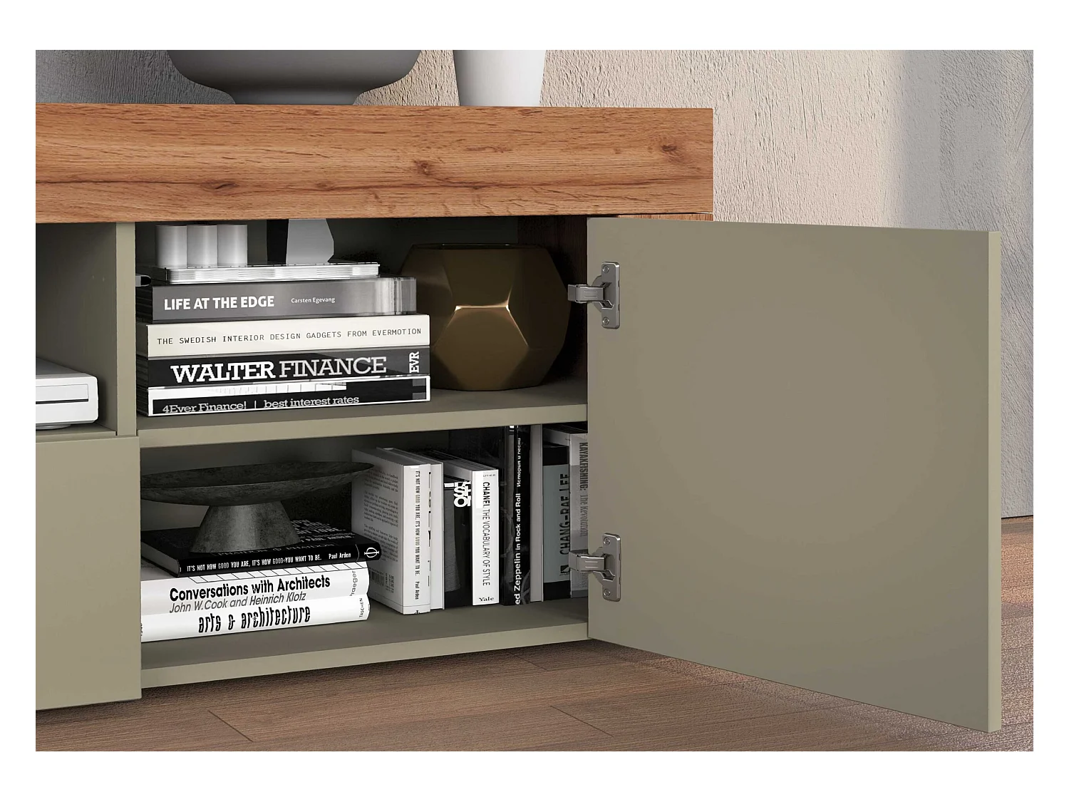 Mobile porta tv Chronos a 2 ante e 1 cassetto tortora opaco e rovere 155x40x51 cm