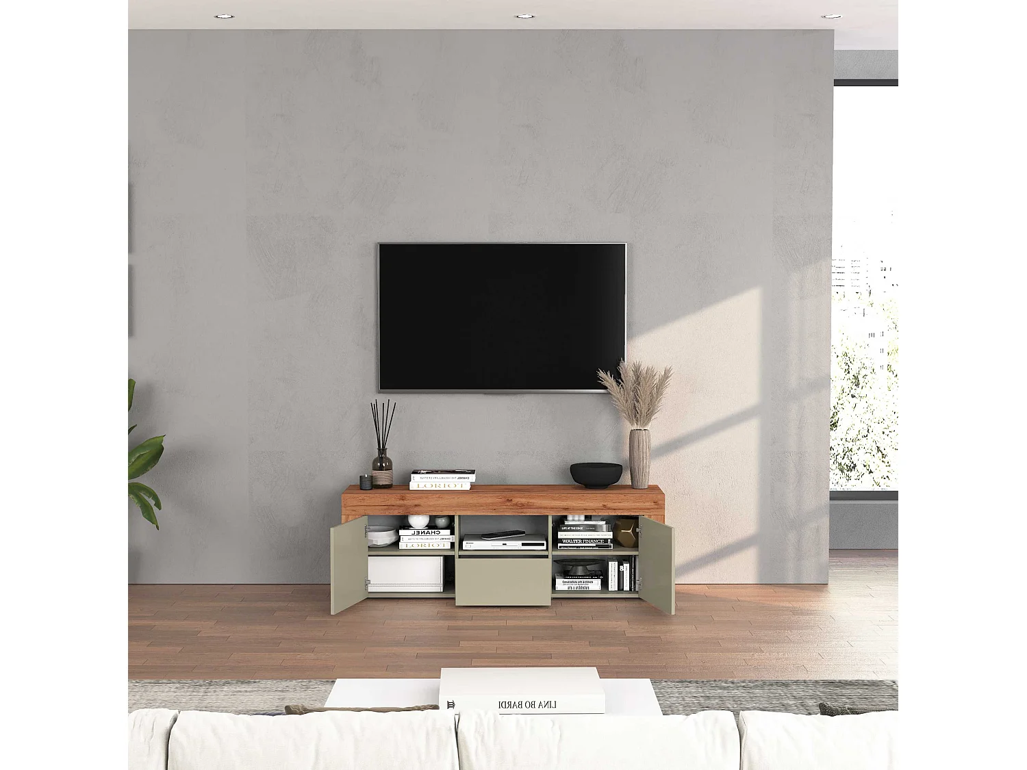 Mobile porta tv Chronos a 2 ante e 1 cassetto tortora opaco e rovere 155x40x51 cm