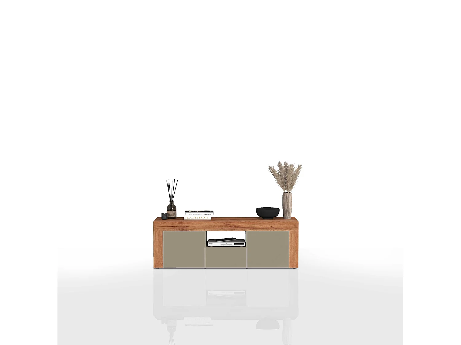 Mobile porta tv Chronos a 2 ante e 1 cassetto tortora opaco e rovere 155x40x51 cm