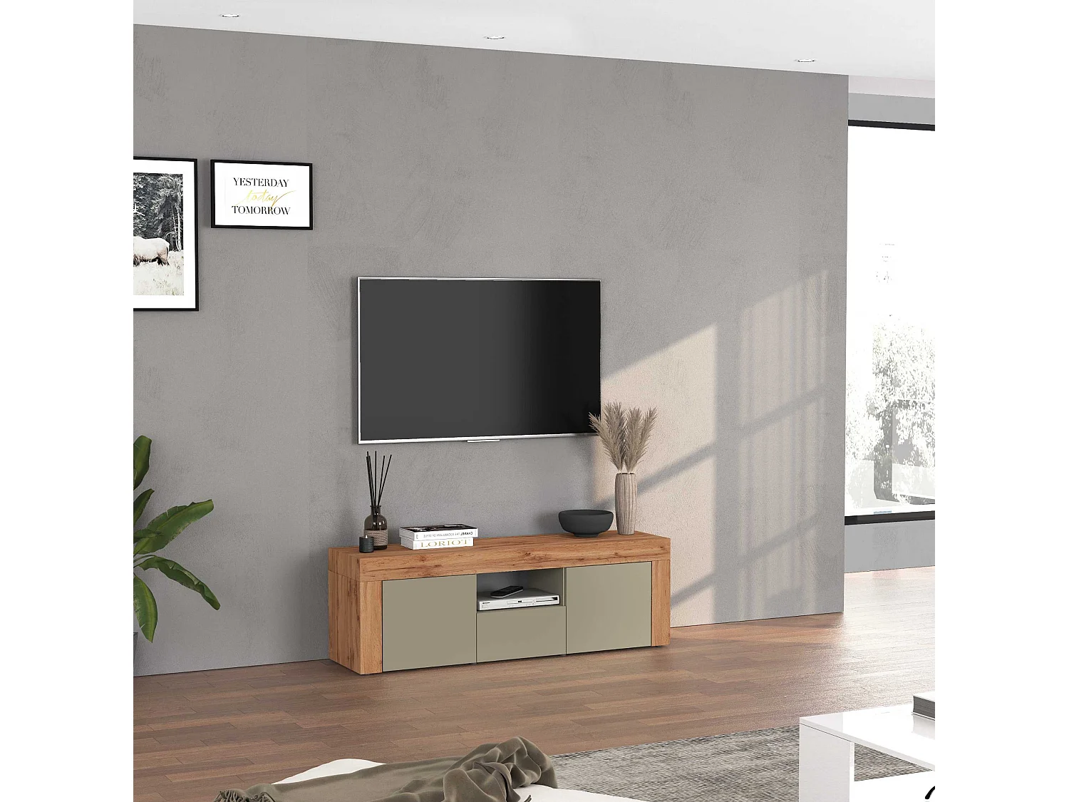 Mobile porta tv Chronos a 2 ante e 1 cassetto tortora opaco e rovere 155x40x51 cm