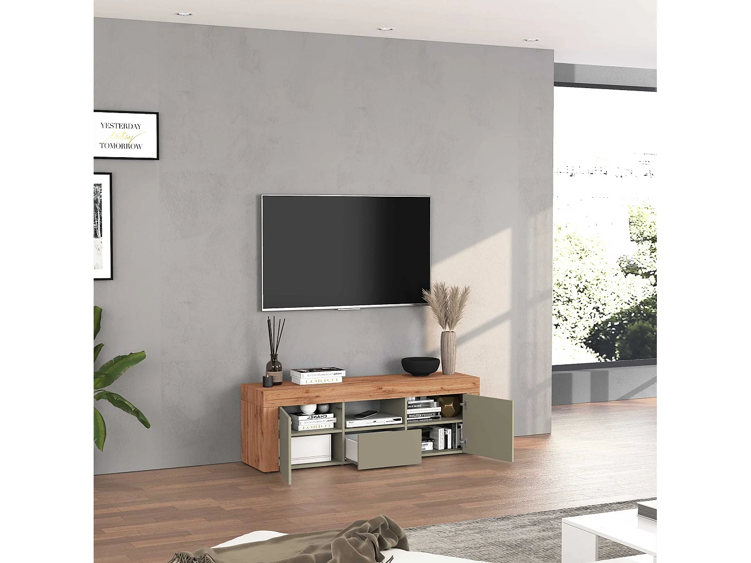 Mobile porta tv Chronos a 2 ante e 1 cassetto tortora opaco e rovere 155x40x51 cm