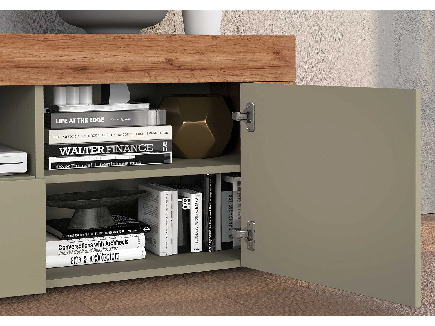 Mobile porta tv Chronos a 2 ante e 1 cassetto tortora opaco e rovere 155x40x51 cm