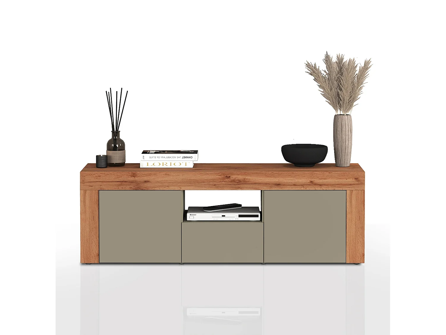 Mobile porta tv Chronos a 2 ante e 1 cassetto tortora opaco e rovere 155x40x51 cm