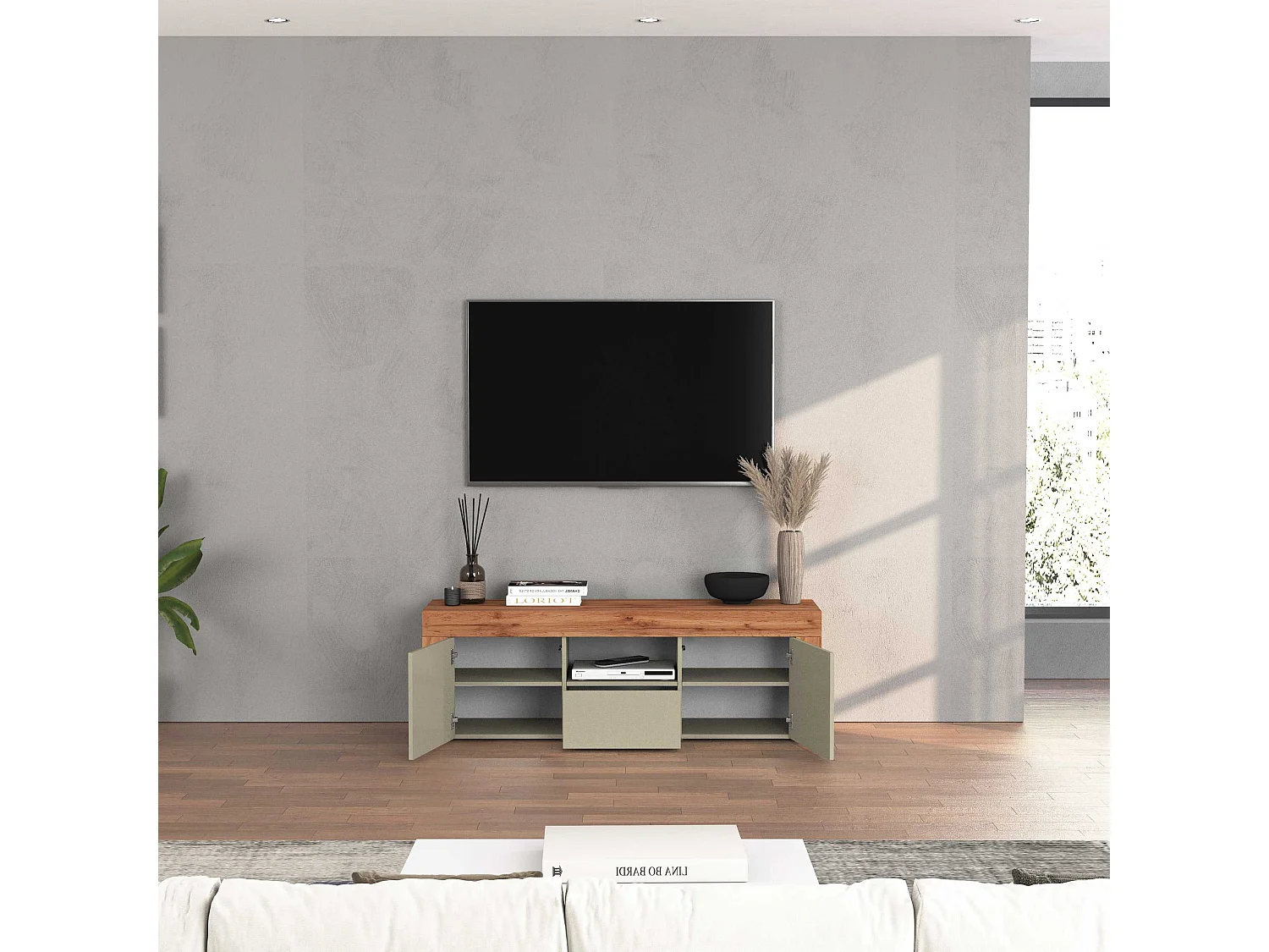 Mobile porta tv Chronos a 2 ante e 1 cassetto tortora opaco e rovere 155x40x51 cm