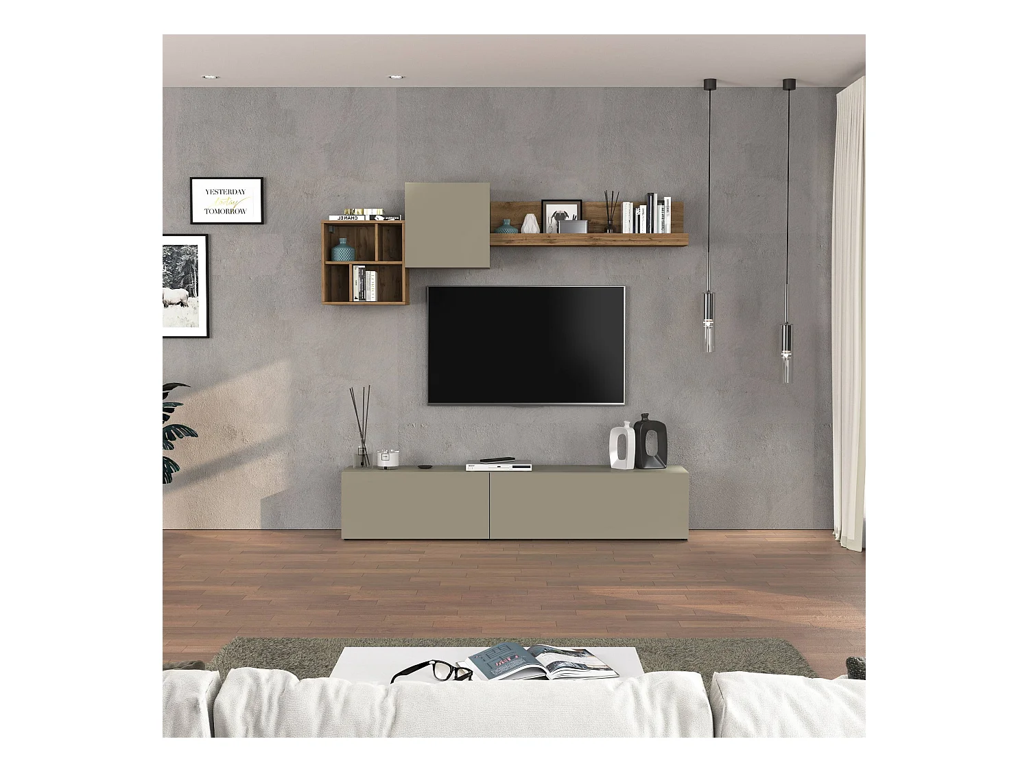 Parete attrezzata Chronos set soggiorno Tortora Opaco e Rovere 180/260x40 cm