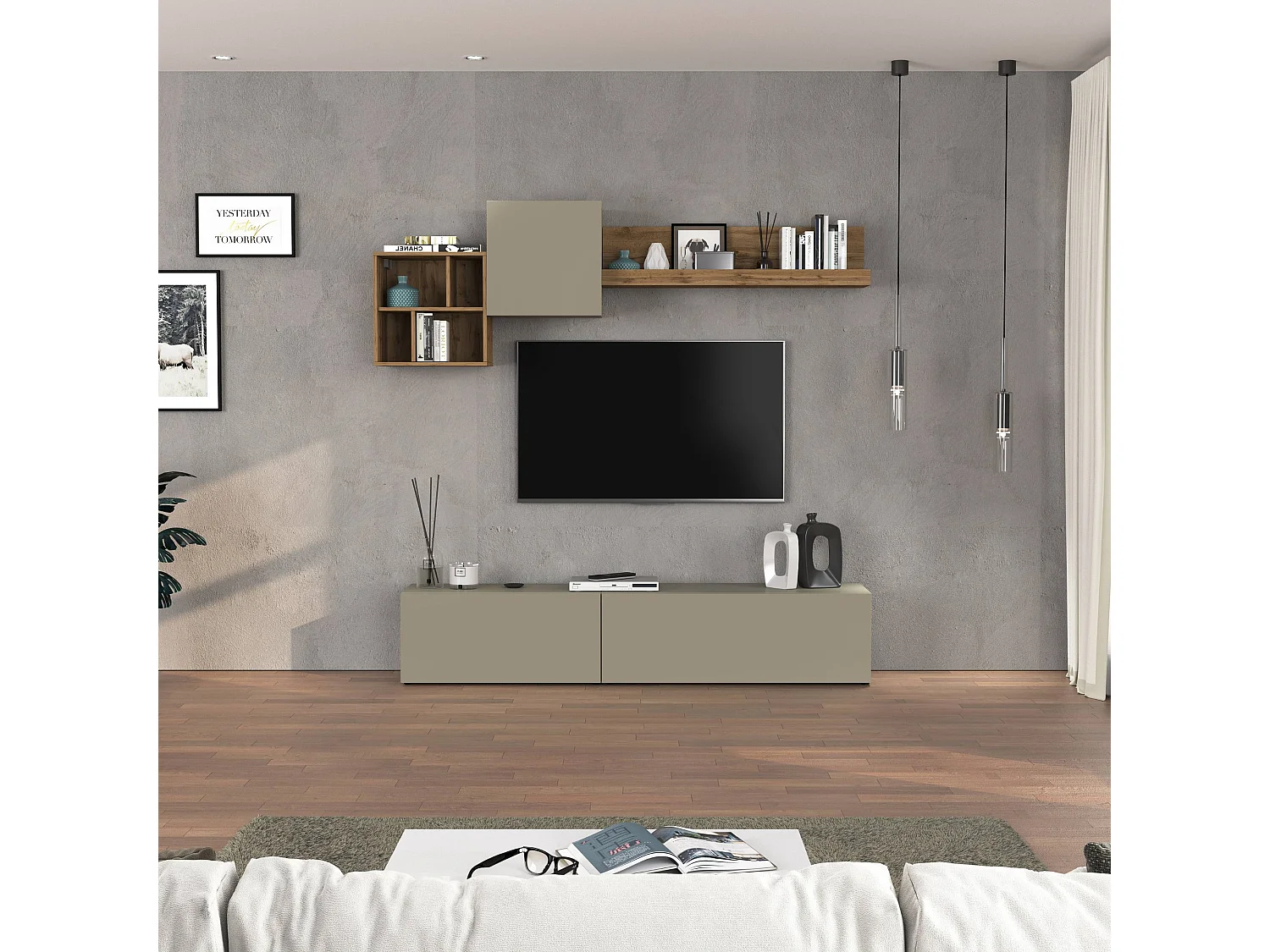 Parete attrezzata Chronos set soggiorno Tortora Opaco e Rovere 180/260x40 cm