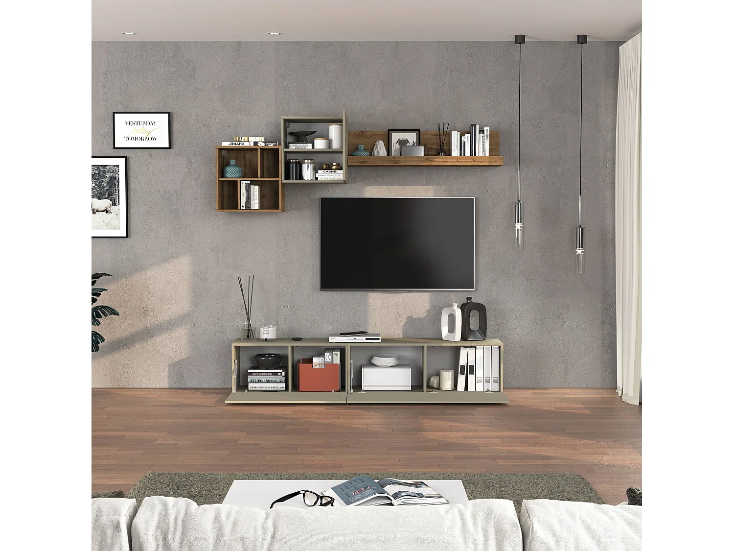 Parete attrezzata Chronos set soggiorno Tortora Opaco e Rovere 180/260x40 cm