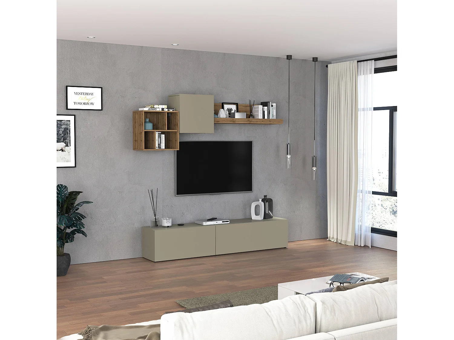 Parete attrezzata Chronos set soggiorno Tortora Opaco e Rovere 180/260x40 cm