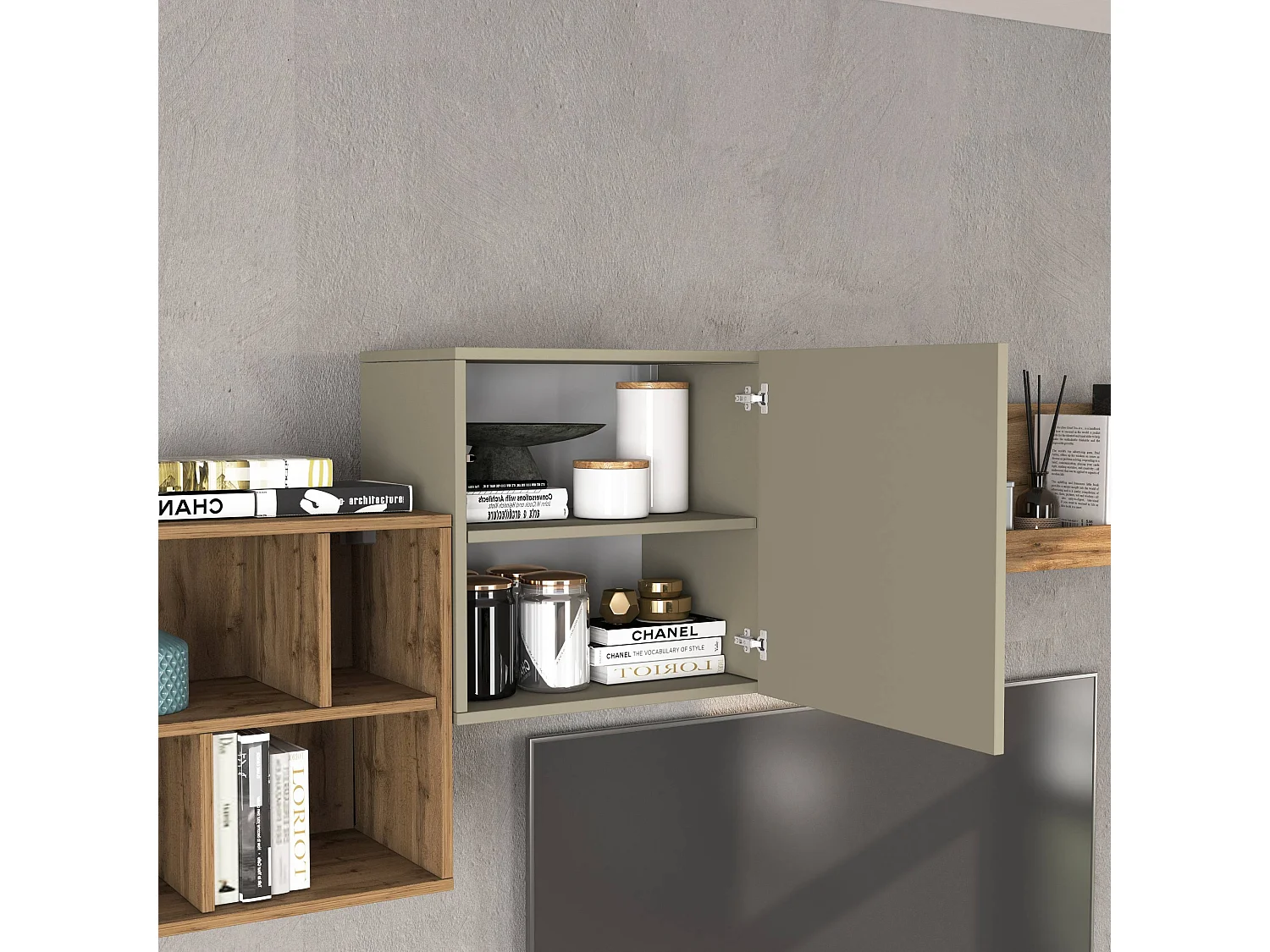 Parete attrezzata Chronos set soggiorno Tortora Opaco e Rovere 180/260x40 cm