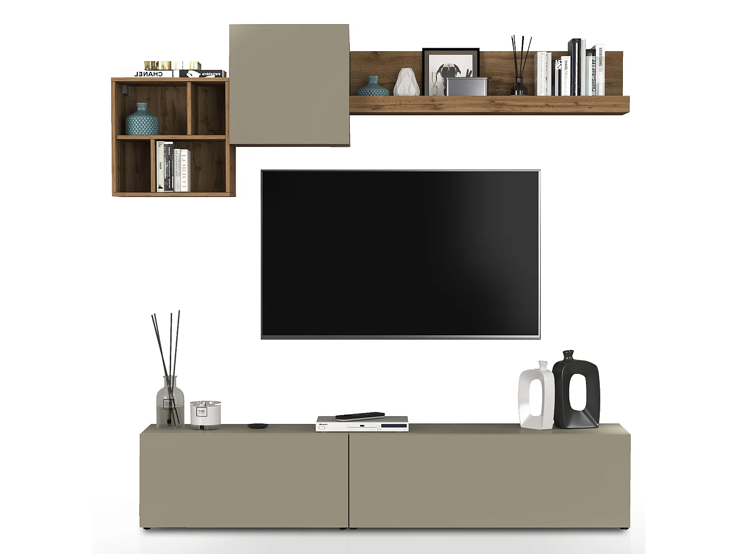 Parete attrezzata Chronos set soggiorno Tortora Opaco e Rovere 180/260x40 cm