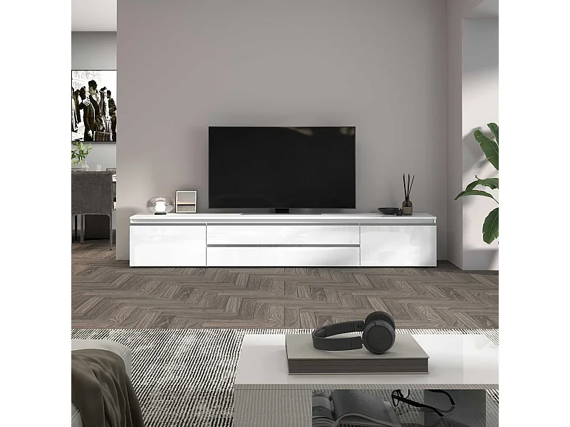 Mobile porta tv Magic a 2 ante e 2 cassetti bianco lucido 240x40x40 cm