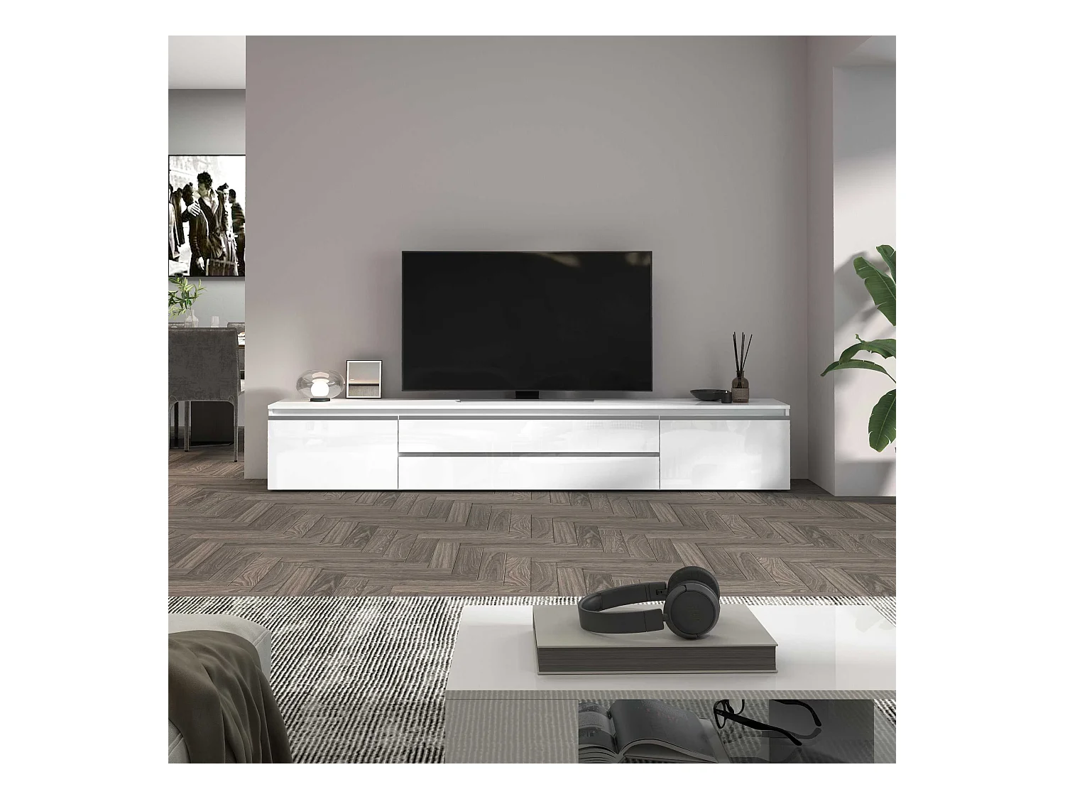 Mobile porta tv Magic a 2 ante e 2 cassetti bianco lucido 240x40x40 cm