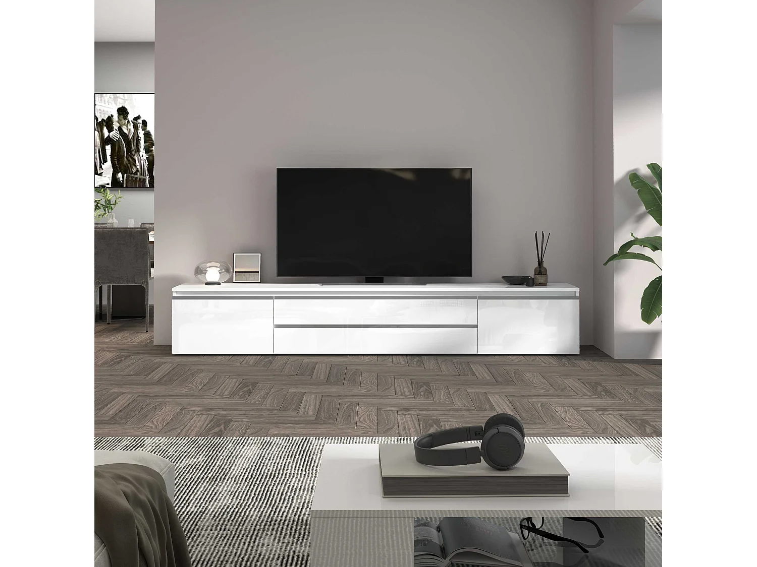 Mobile porta tv Magic a 2 ante e 2 cassetti bianco lucido 240x40x40 cm