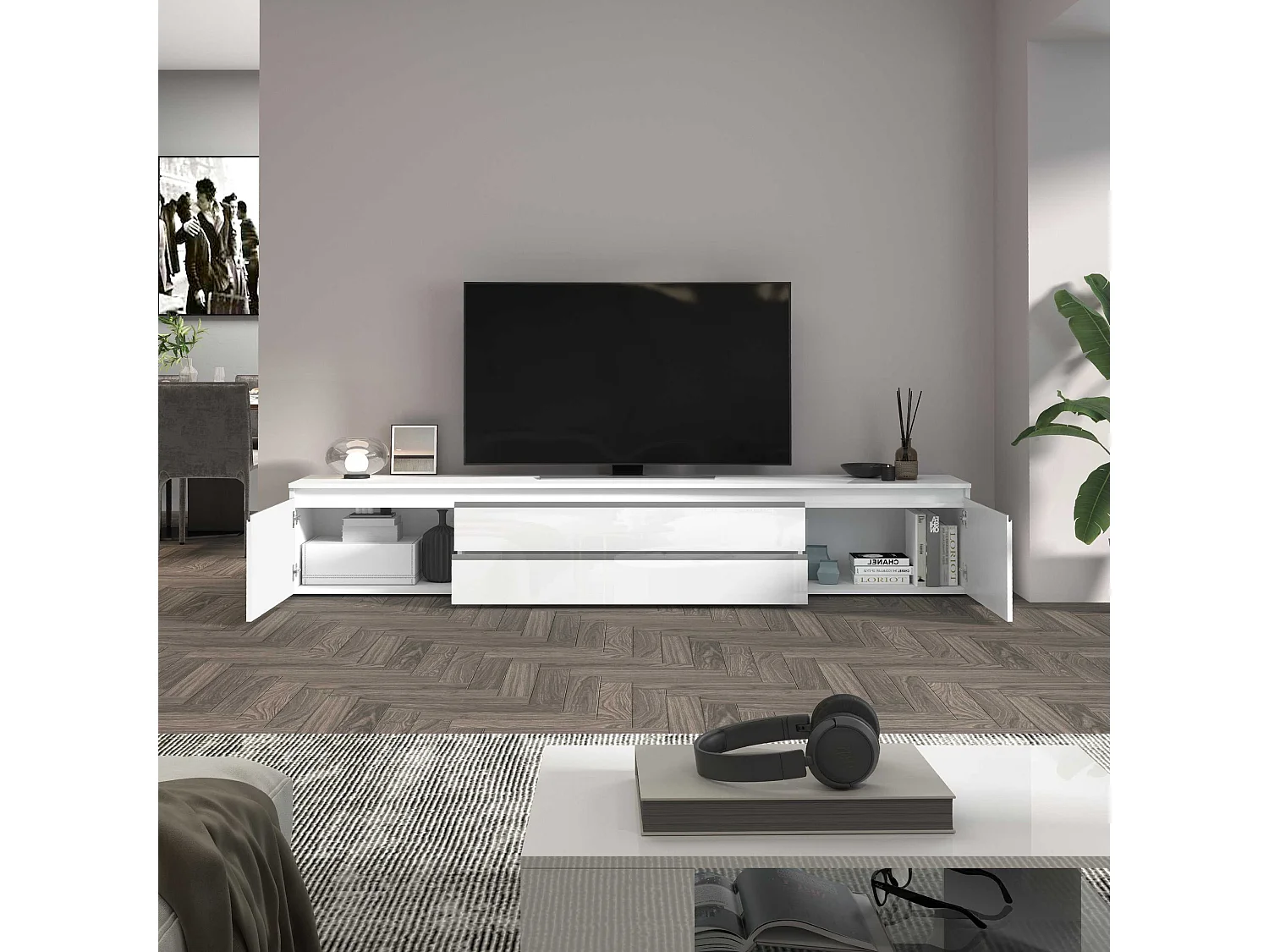 Mobile porta tv Magic a 2 ante e 2 cassetti bianco lucido 240x40x40 cm